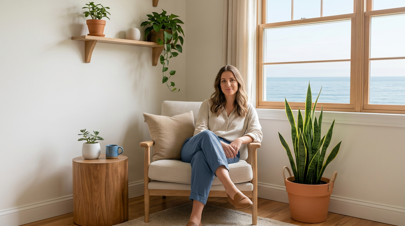 Therapist in a bright, welcoming office with a calm ocean view through the window